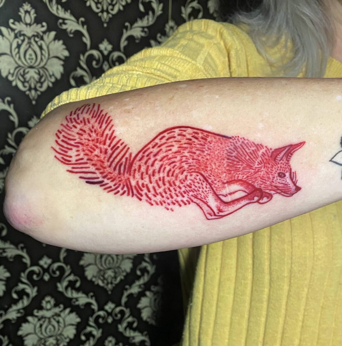 A delicate fine line fox designed and tattooed by Basic Urban Witch Tattoo and Tarot in Fort Collins Colorado.